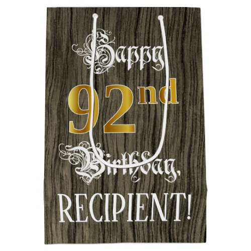 92nd Birthday Faux Gold Look  Faux Wood Pattern Medium Gift Bag