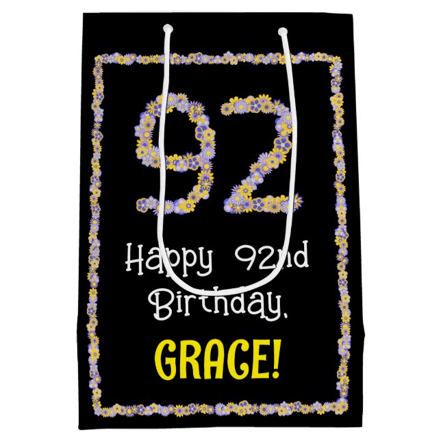 92nd Birthday: Floral Flowers Number, Custom Name Medium Gift Bag (Back)