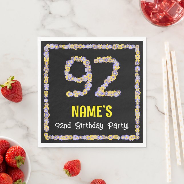 92nd Birthday: Floral Flowers Number, Custom Name Napkins (Insitu)