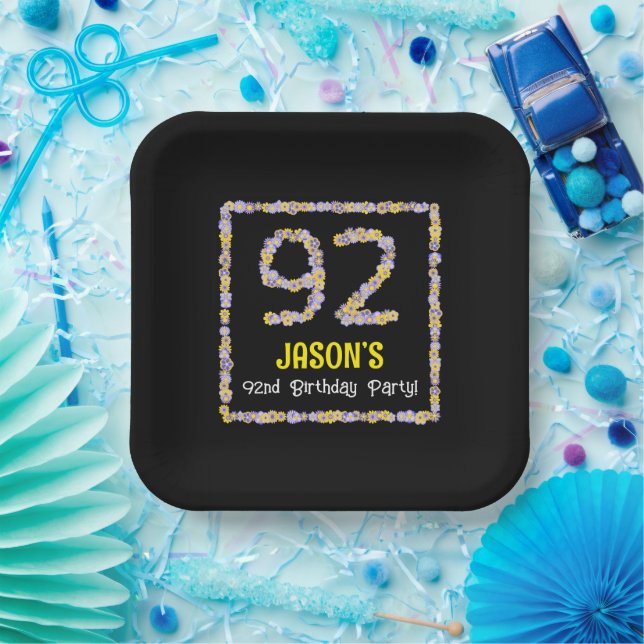 92nd Birthday: Floral Flowers Number, Custom Name Paper Plates (Party)