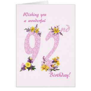92nd Birthday Flower Decorated Numbers Cards