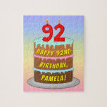 [ Thumbnail: 92nd Birthday: Fun Cake and Candles + Custom Name Jigsaw Puzzle ]