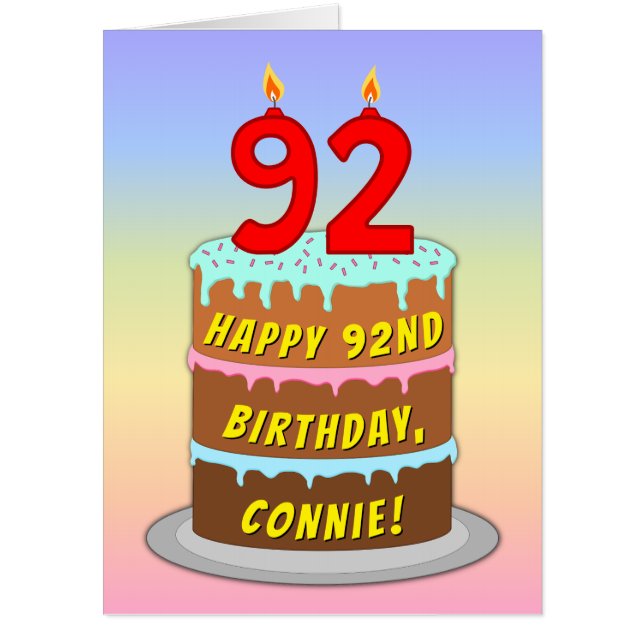 92nd Birthday: Fun Cake & Candles, w/ Custom Name Card (Front)