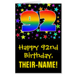 [ Thumbnail: 92nd Birthday: Fun, Colorful Stars + Rainbow # 92 Card ]