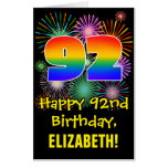 [ Thumbnail: 92nd Birthday: Fun Fireworks Pattern & Rainbow 92 Card ]