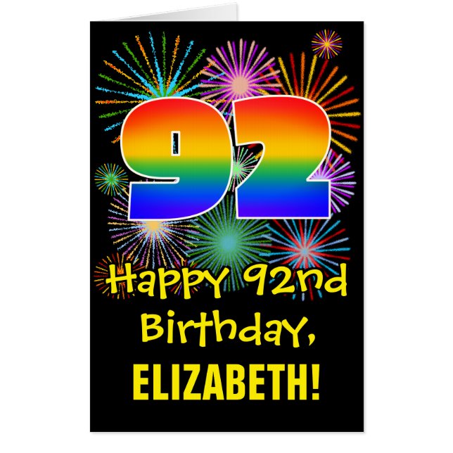 92nd Birthday: Fun Fireworks Pattern & Rainbow 92 Card (Front)