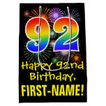[ Thumbnail: 92nd Birthday: Fun Fireworks Pattern + Rainbow 92 Gift Bag ]
