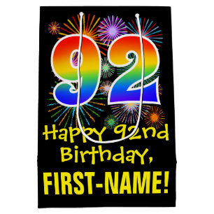 92nd Birthday: Fun Fireworks Pattern + Rainbow 92 Medium Gift Bag
