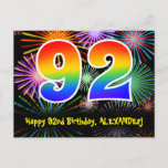 [ Thumbnail: 92nd Birthday – Fun Fireworks Pattern + Rainbow 92 Postcard ]