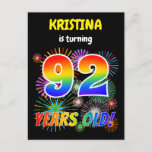 [ Thumbnail: 92nd Birthday - Fun Fireworks, Rainbow Look "92" Postcard ]