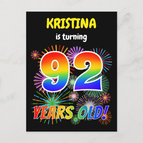 92nd Birthday _ Fun Fireworks Rainbow Look 92 Postcard