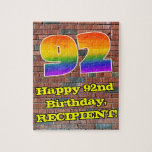 [ Thumbnail: 92nd Birthday: Fun Graffiti-Inspired Rainbow 92 Jigsaw Puzzle ]