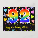 [ Thumbnail: 92nd Birthday: Fun Hearts Pattern, Rainbow 92 Postcard ]