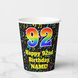 92nd Birthday: Fun Music Notes Pattern, Rainbow 92 Paper Cups