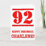 [ Thumbnail: 92nd Birthday: Fun, Red Rubber Stamp Inspired Look Card ]