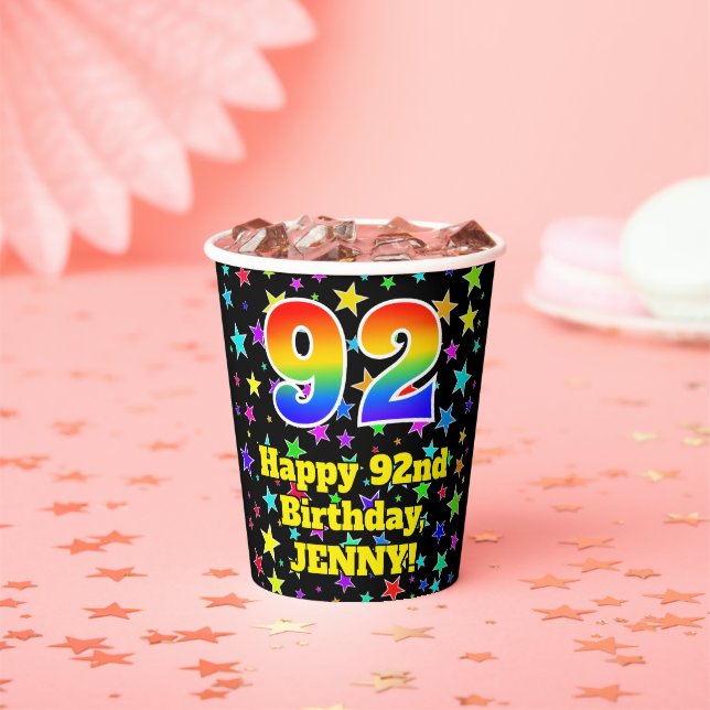 92nd Birthday: Fun Stars Pattern and Rainbow 92 Paper Cups (Insitu)