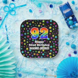 92nd Birthday: Fun Stars Pattern and Rainbow “92” Paper Plates
