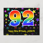 [ Thumbnail: 92nd Birthday: Fun Stars Pattern, Rainbow 92, Name Postcard ]