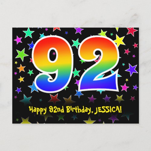 92nd Birthday Fun Stars Pattern Rainbow 92 Name Postcard