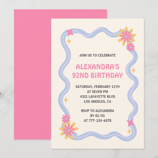 92nd birthday invitation Retro Groovy Pink  (Front/Back)