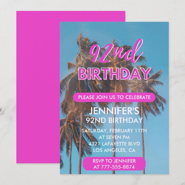 92nd birthday invitation Summer Pink Palm tree (Front/Back)
