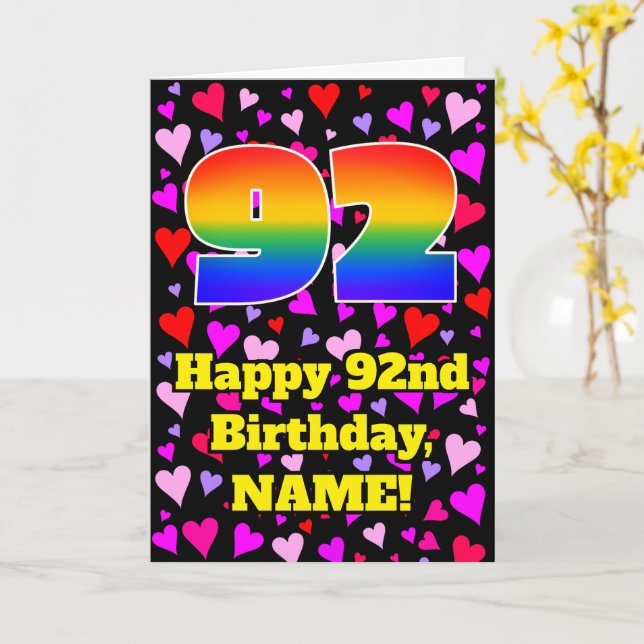 92nd Birthday: Loving Hearts Pattern, Rainbow # 92 Card (Yellow Flower)