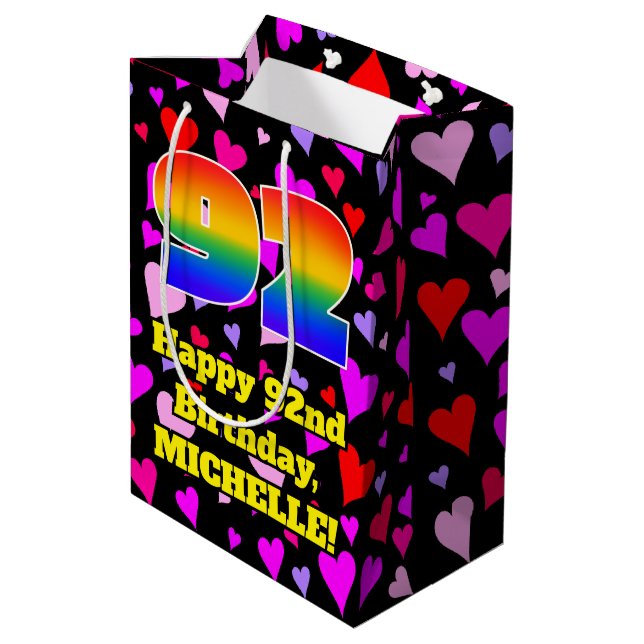 92nd Birthday: Loving Hearts Pattern, Rainbow # 92 Medium Gift Bag (Back Angled)