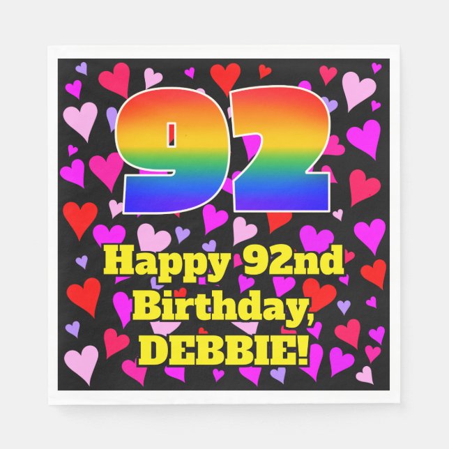 92nd Birthday: Loving Hearts Pattern, Rainbow # 92 Napkins (Front)