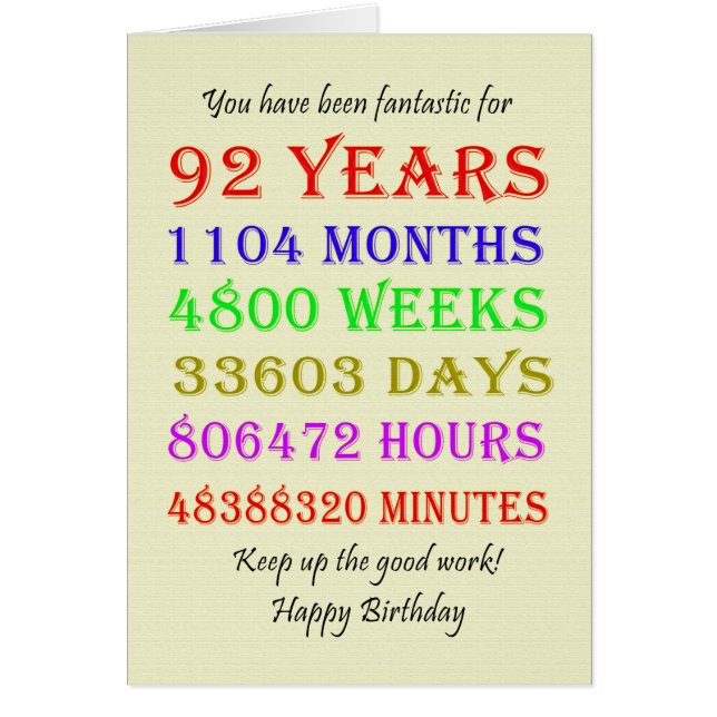 92nd Birthday Milestones Cards (Front)