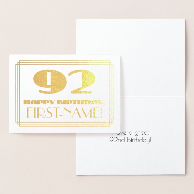 92nd Birthday; Name + Art Deco Inspired Look "92" Foil Card (Display)