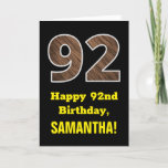 [ Thumbnail: 92nd Birthday: Name, Faux Wood Grain Pattern "92" Card ]