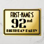 [ Thumbnail: 92nd Birthday Party: Art Deco Look “92” and Name Invitation ]