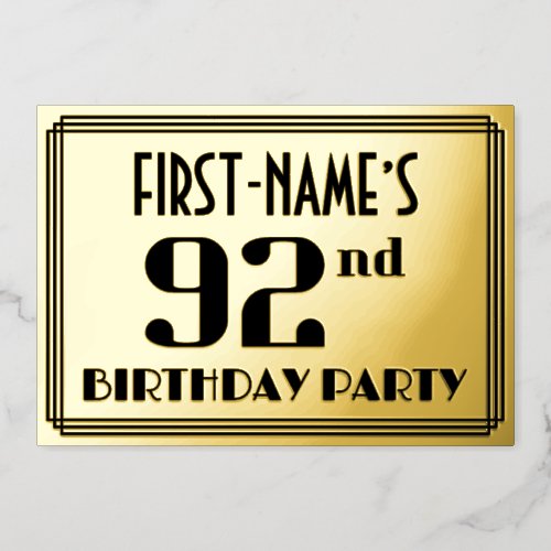 92nd Birthday Party Art Deco Look 92 and Name Foil Invitation