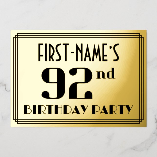 92nd Birthday Party: Art Deco Look “92” and Name Foil Invitation (Front)