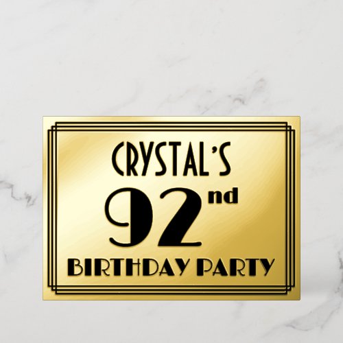 92nd Birthday Party  Art Deco Look 92  Name Foil Invitation