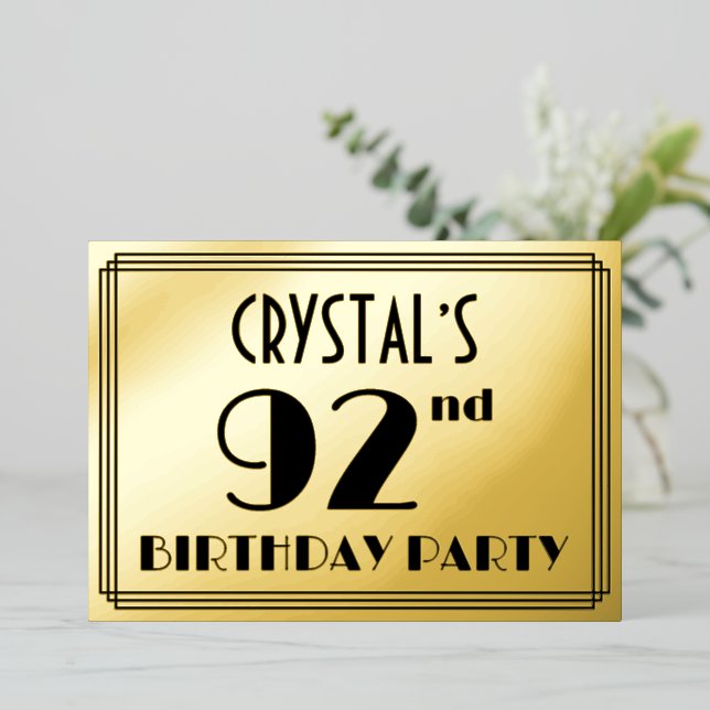 92nd Birthday Party — Art Deco Look “92” + Name Foil Invitation (Standing Front)