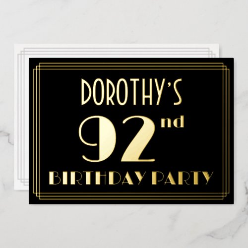 92nd Birthday Party Art Deco Look 92 w Name Foil Invitation