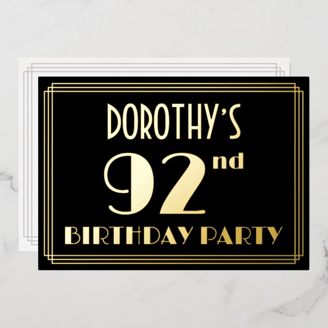 92nd Birthday Party: Art Deco Look “92”, w/ Name Foil Invitation (Front/Back)