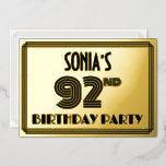 [ Thumbnail: 92nd Birthday Party — Art Deco Style “92” & Name Invitation ]
