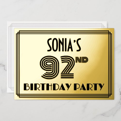 92nd Birthday Party  Art Deco Style 92  Name Foil Invitation