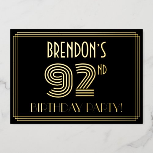 92nd Birthday Party  Art Deco Style 92  Name Foil Invitation