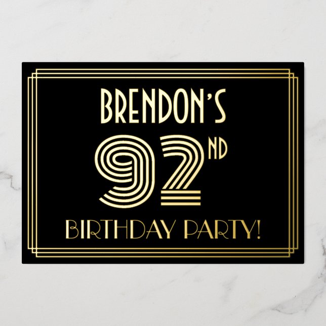 92nd Birthday Party — Art Deco Style “92” + Name Foil Invitation (Front)