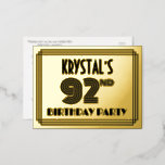 [ Thumbnail: 92nd Birthday Party ~ Art Deco Style “92” + Name Postcard ]