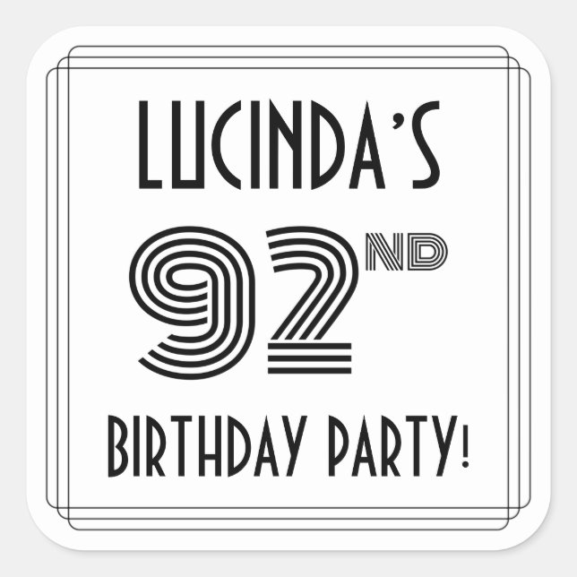 92nd Birthday Party: Art Deco Style + Custom Name Square Sticker (Front)