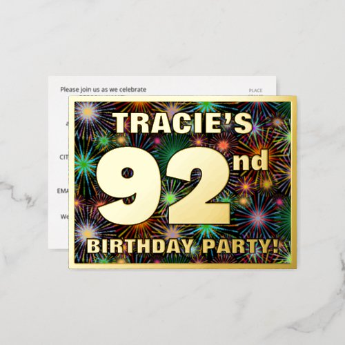 92nd Birthday Party Bold Colorful Fireworks Look Foil Invitation Postcard