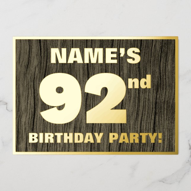 92nd Birthday Party: Bold, Faux Wood Grain Pattern Foil Invitation (Front)