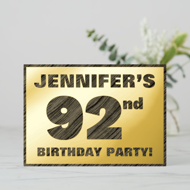 92nd Birthday Party — Bold, Faux Wood Grain Text Foil Invitation (Standing Front)