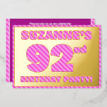 [ Thumbnail: 92nd Birthday Party — Bold, Fun, Pink Stripes # 92 Invitation ]
