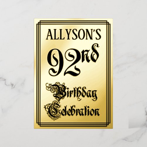 92nd Birthday Party  Elegant Script  Custom Name Foil Invitation