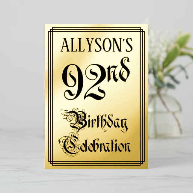 92nd Birthday Party — Elegant Script + Custom Name Foil Invitation (Standing Front)